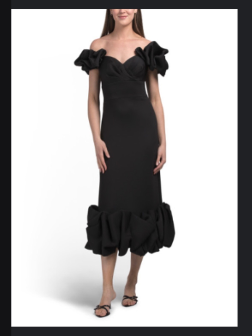 Jovani Black Off-Shoulder Ruffle-Hem Midi Dress